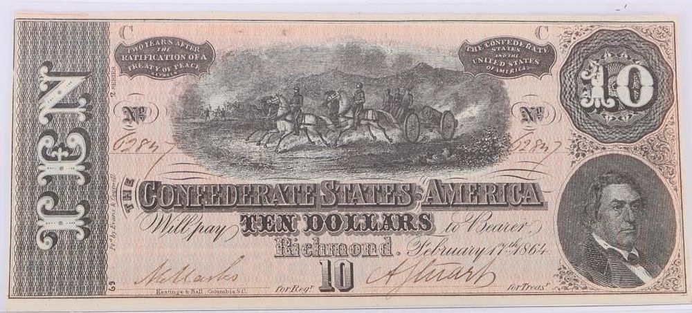 Lot 199191: 1864 CSA RICHMOND $10 BANKNOTE T68 NO. 62847