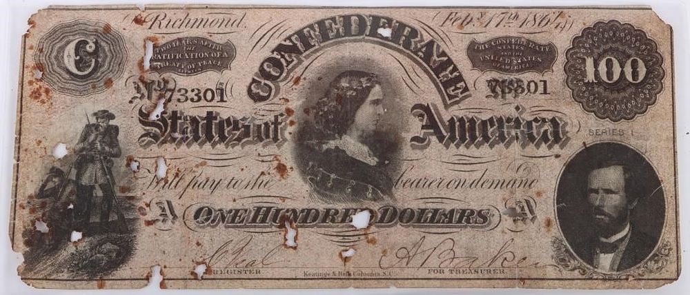 Lot 199192: 1864 CSA $100 SERIES I NO.73301 OBSOLETE BANKNOTE