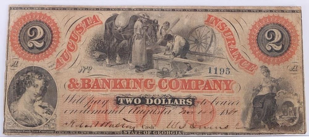 Lot 199194: 1861 AUGUSTA INSURANCE $2 OBSOLETE BANKNOTE