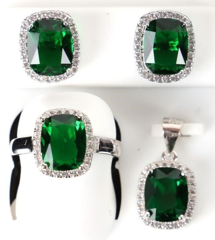 Lot 199283: STERLING SILVER GREEN CUT GLASS MATCHING SET