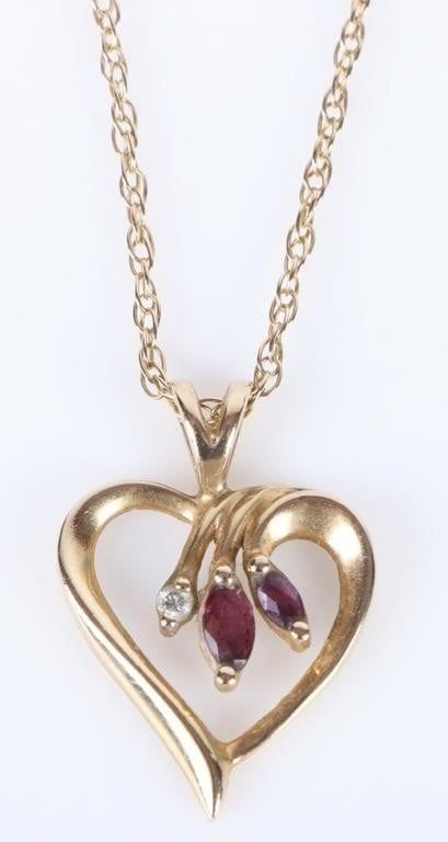 Lot 199288: 14K YELLOW GOLD RUBY DIAMOND HEART NECKLACE