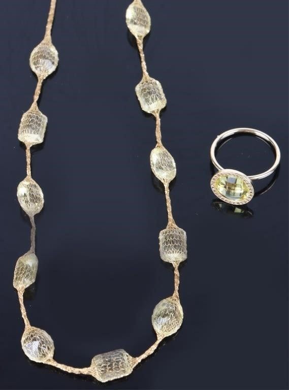 Lot 199306: 14K LEMON QUARTZ MESH NECKLACE & RING