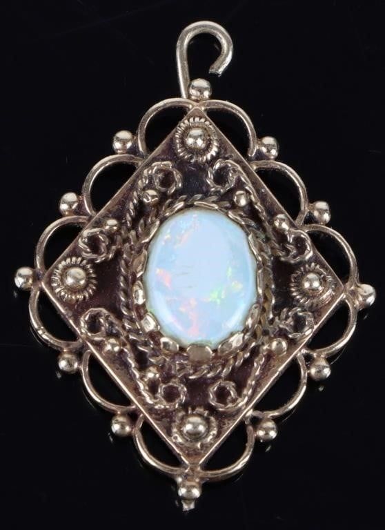 Lot 199313: ANTIQUE 10K YELLOW GOLD FILIGREE OPAL PENDANT