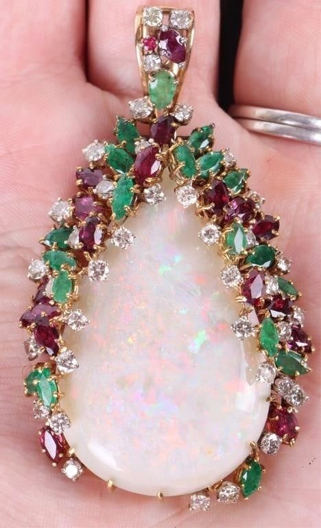 Lot 199318: 14K YELLOW GOLD OPAL EMERALD RUBY DIAMOND PENDANT