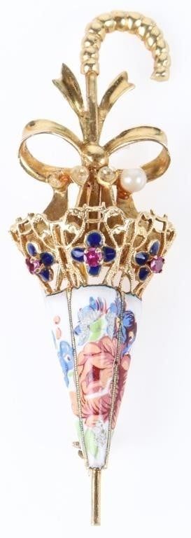 Lot 199342: ANTIQUE 18K YELLOW GOLD UMBRELLA LADIES BROOCH