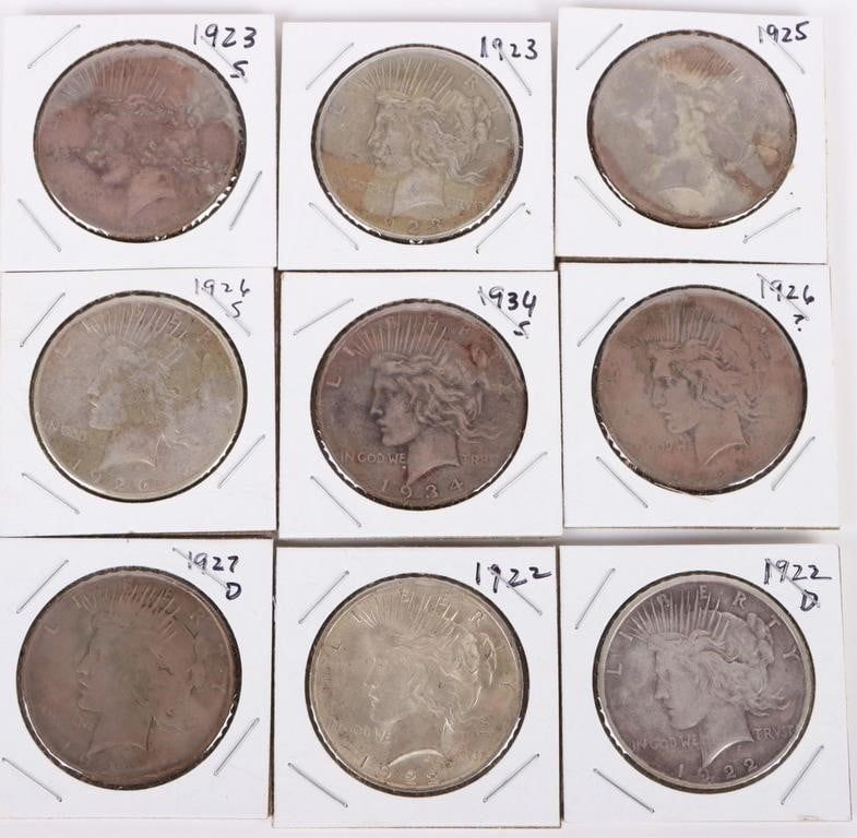 Lot 199367: ASSORTED 90% SILVER LIBERTY PEACE DOLLARS - (9)