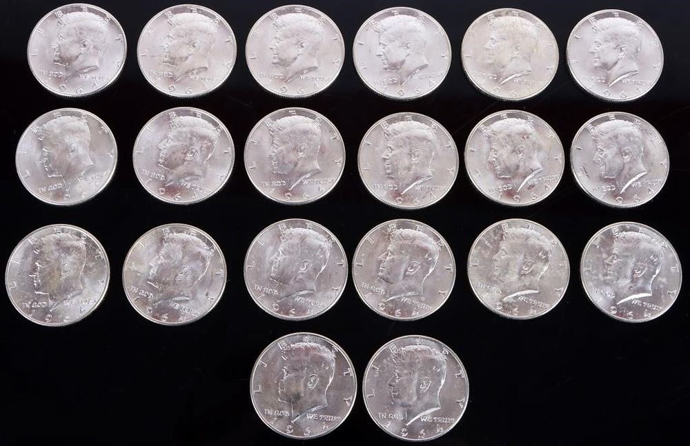 Lot 199368: 90% SILVER 1964 D KENNEDY HALF DOLLAR ROLL OF 20