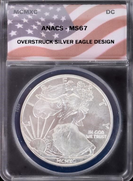 Lot 199379: MCMXC OVERSTRUCK FINE SILVER EAGLE ANACS MS67