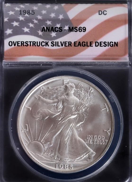 Lot 199380: 1985 OVERSTRUCK FINE SILVER EAGLE ANACS MS69