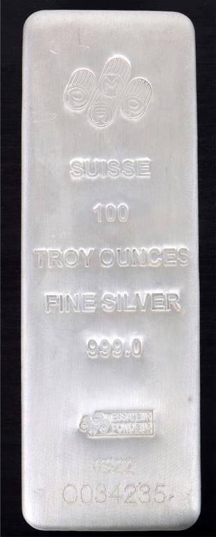 Lot 199381: .9999 FINE SILVER 100 OZT SOLID SUISSE BAR