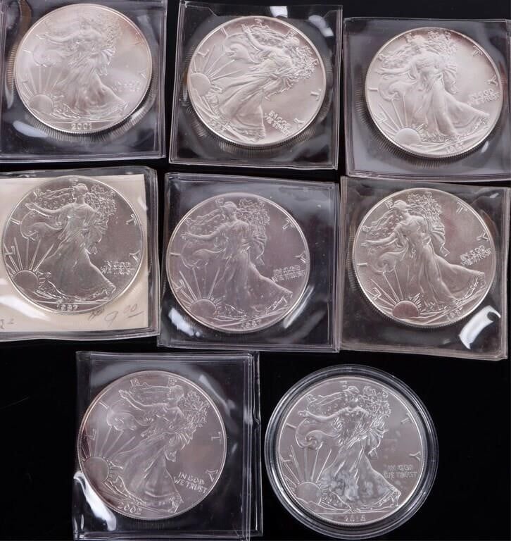 Lot 199393: ASSORTED FINE SILVER $1 AMERICAN EAGLES - (8)