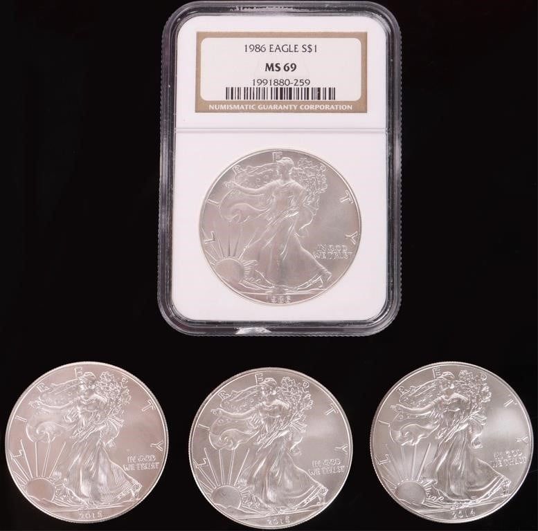 Lot 199399: 1986-2015 FINE SILVER 1OZ AMERICAN EAGLES - (4)