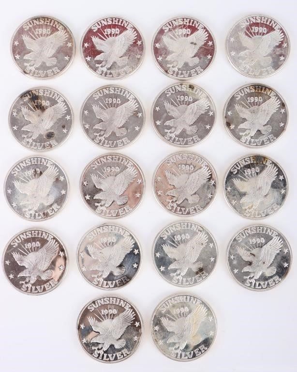 Lot 199402: FINE SILVER 1 TOZ 1990 SUNSHINE BULLION COINS-(18)