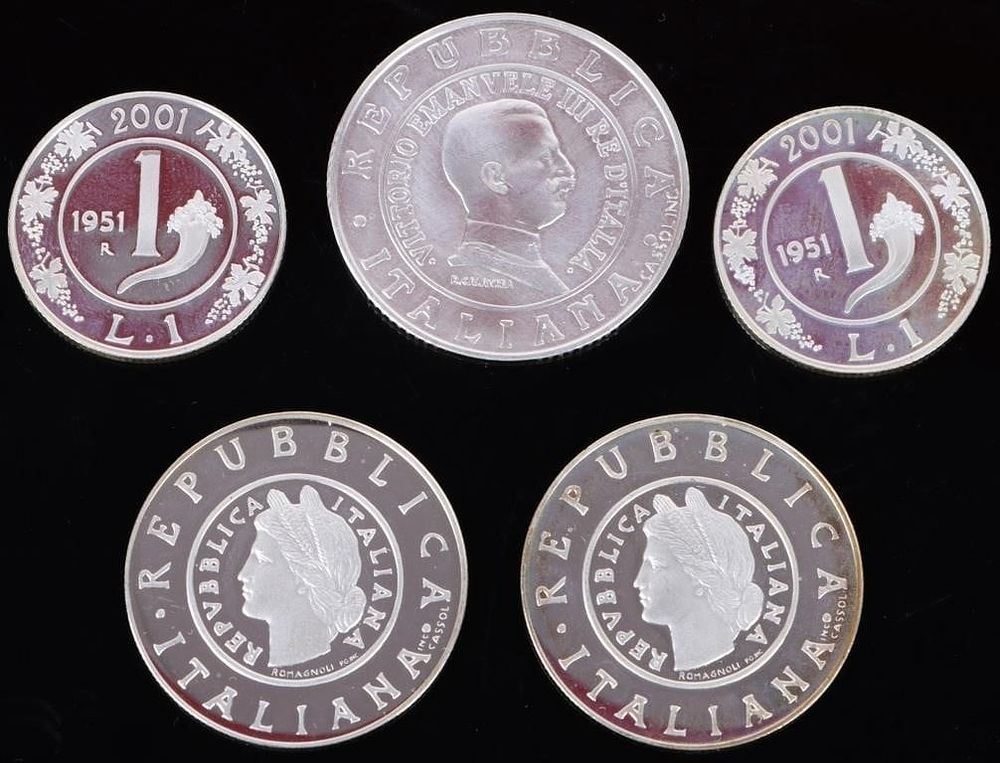 Lot 199406: 1999-2001 ITALIAN 0.835 SILVER 1 LIRA COINS - (5)