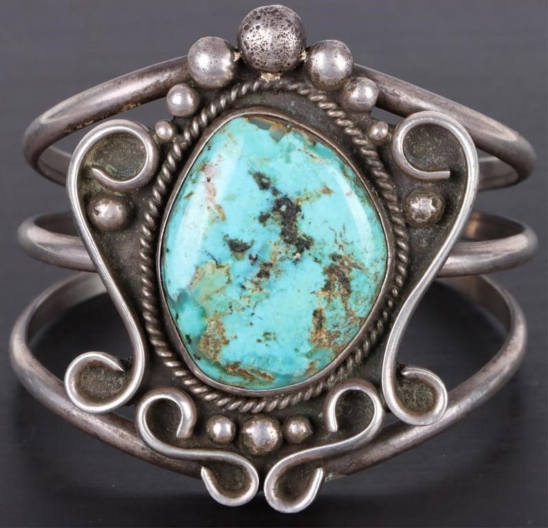Lot 200186: LARGE TURQUOISE 33 X 26.5MM STERLING CUFF BRACELET