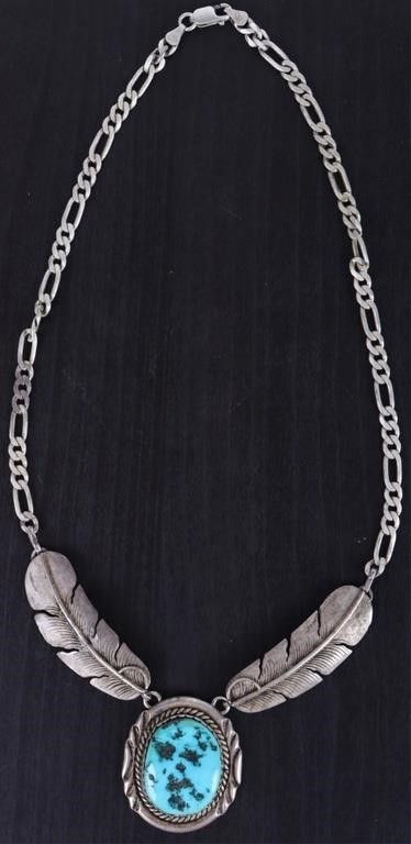 Lot 200303: TURUOISE FEATHER SIGNED STERLING NECKLACE
