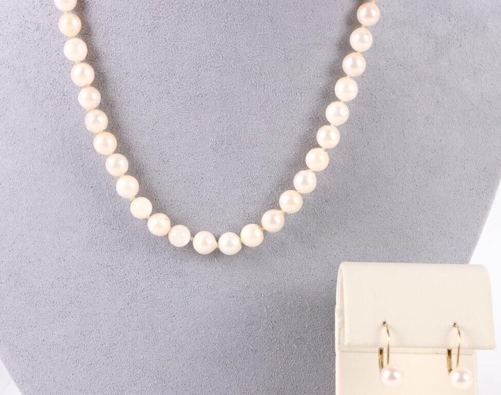 Lot 200314: BEAUTIFUL 14K  PEARL NECKLACE & EARRING SET