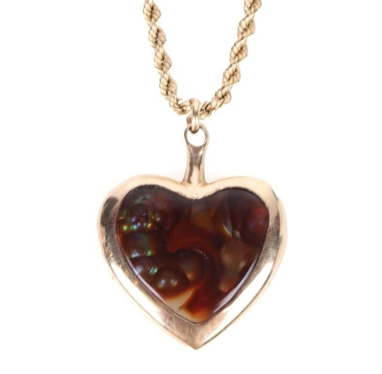 Lot 200316: FIRE AGATE 14K YELLOW GOLD HEART PENDANT NECKLACE