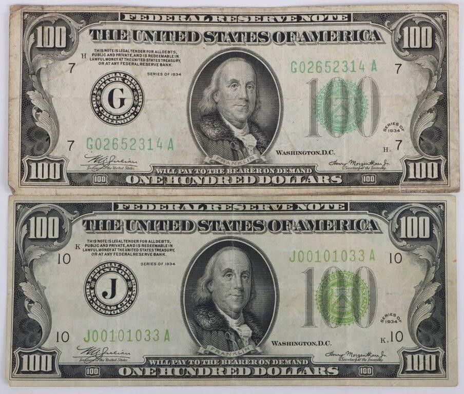 Lot 200388: SERIES 1934 BEN FRANKLIN $100 U.S. BANKNOTES - (2)