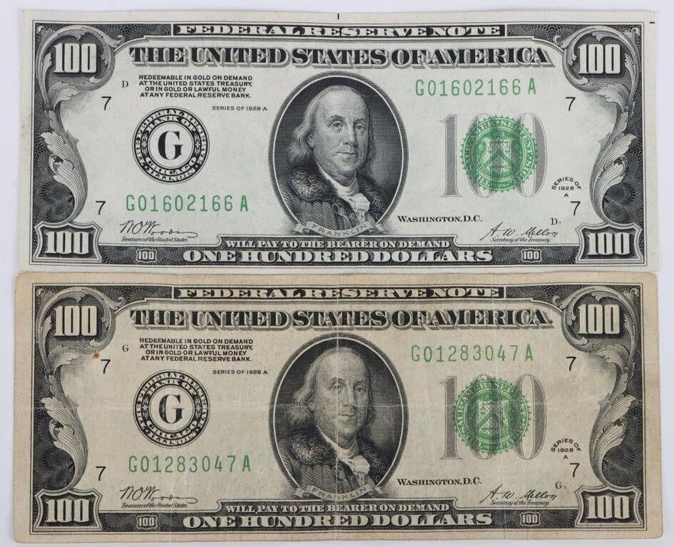 Lot 200389: SERIES 1928A BEN FRANKLIN $100 U.S. BANKNOTES -(2)