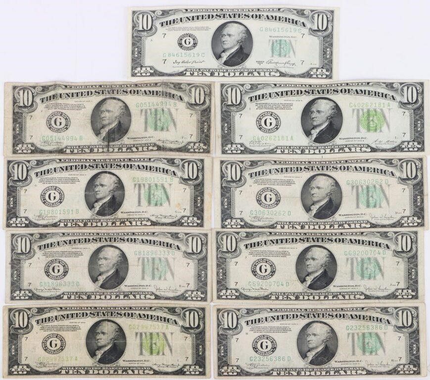 Lot 200392: ASSORTED VINTAGE $10 HAMILTON U.S. BANKNOTES - (9)
