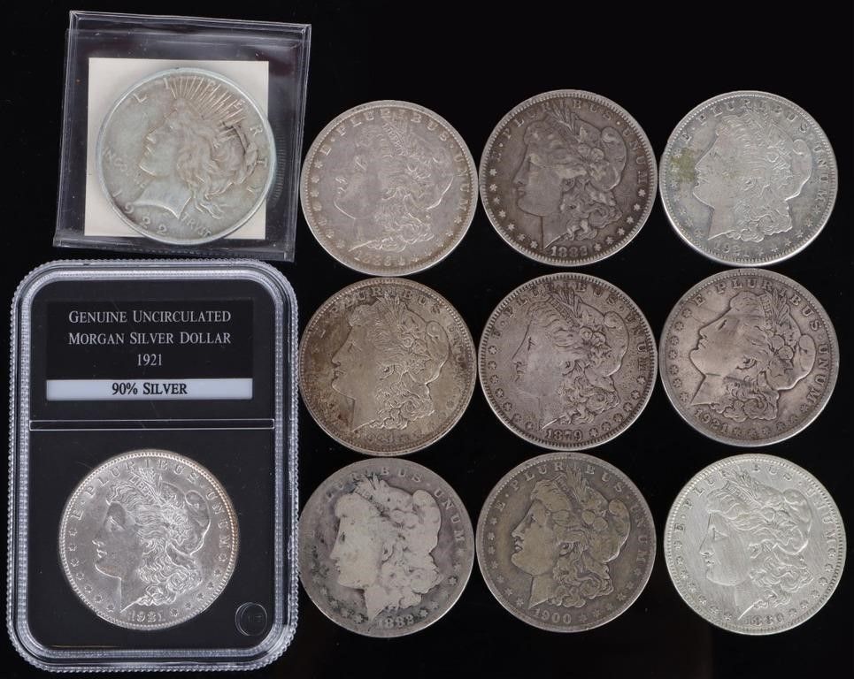 Lot 200398: ASSORTED 0.9 SILVER MORGAN/ PEACE DOLLARS - (11)