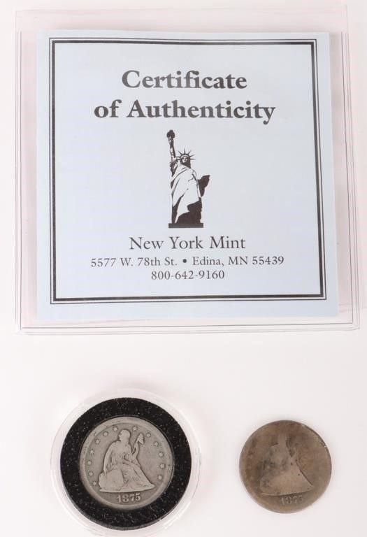 Lot 200401: 1875 SEATED LIBERTY 20¢ COINS 90% SILVER LOT OF 2
