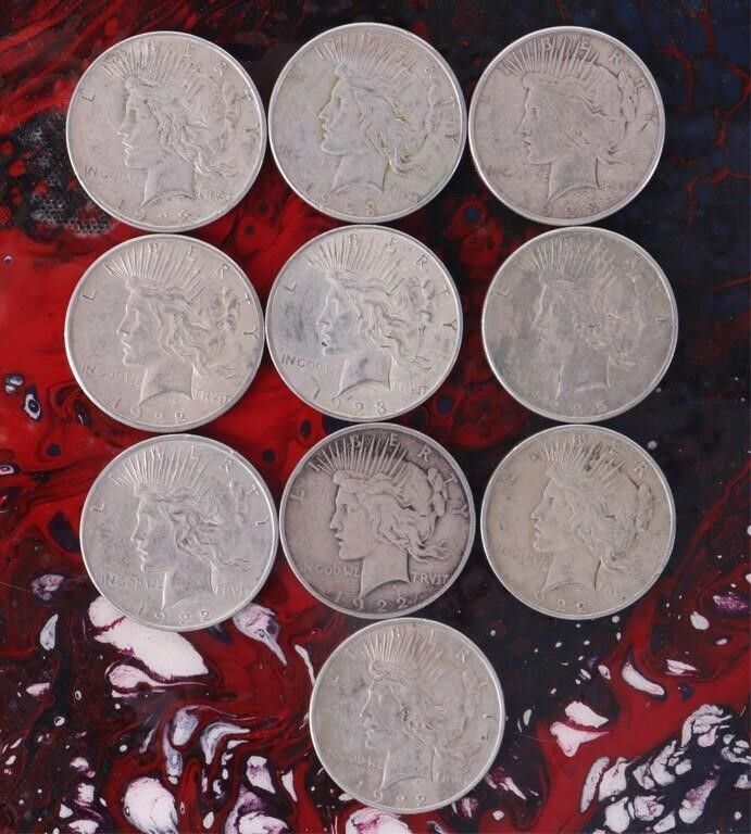 Lot 200402: 90% SILVER LIBERTY PEACE DOLLARS - (10)