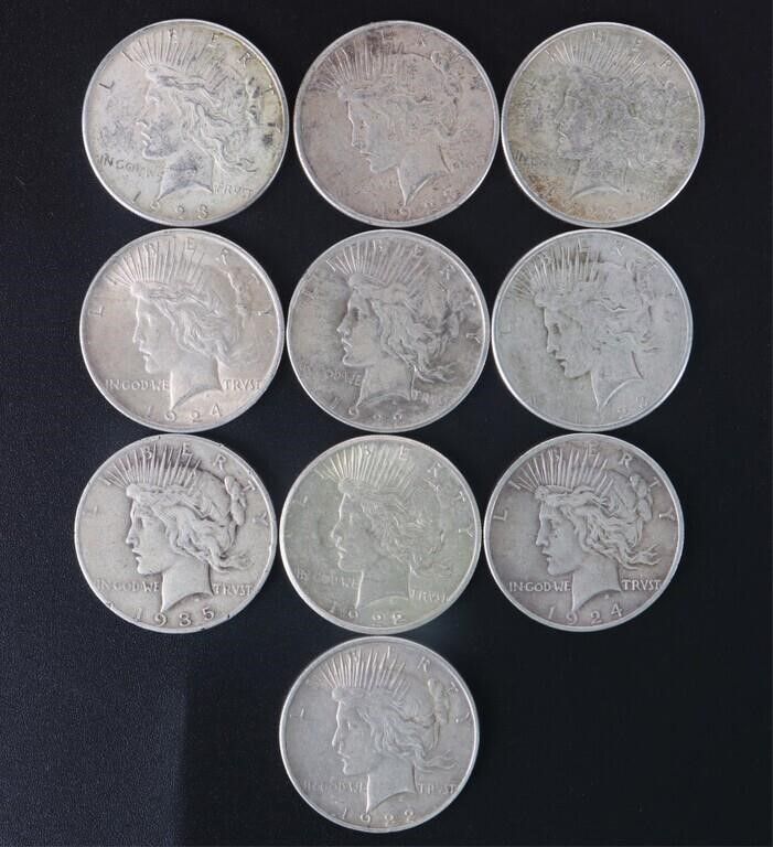 Lot 200404: 90% SILVER LIBERTY PEACE DOLLARS - (10)