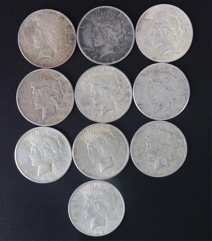 Lot 200405: 90% SILVER LIBERTY PEACE DOLLARS - (10)