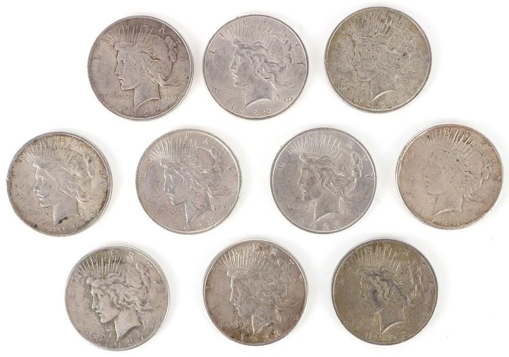 Lot 200410: 90% SILVER LIBERTY PEACE DOLLARS - (10)