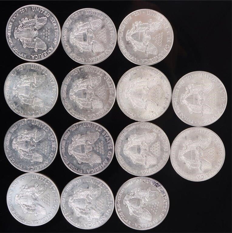 Lot 200424: AMERICAN SILVER EAGLE 1 TROY OZ LOT OF 14