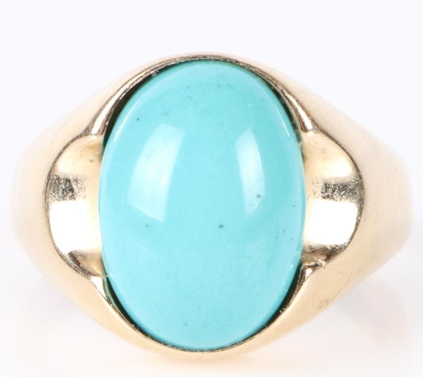Lot 202190: SLEEPING BEAUTY TURQUOISE 14K YELLOW GOLD RING