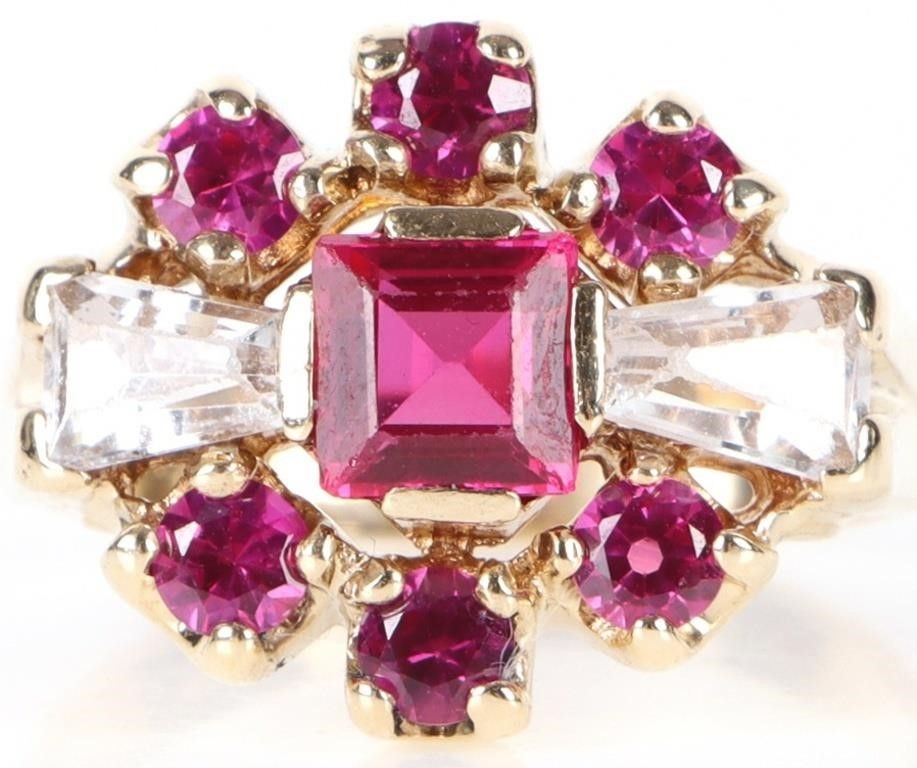 Lot 202202: 10K YELLOW GOLD RUBY & QUARTZ LADIES RING