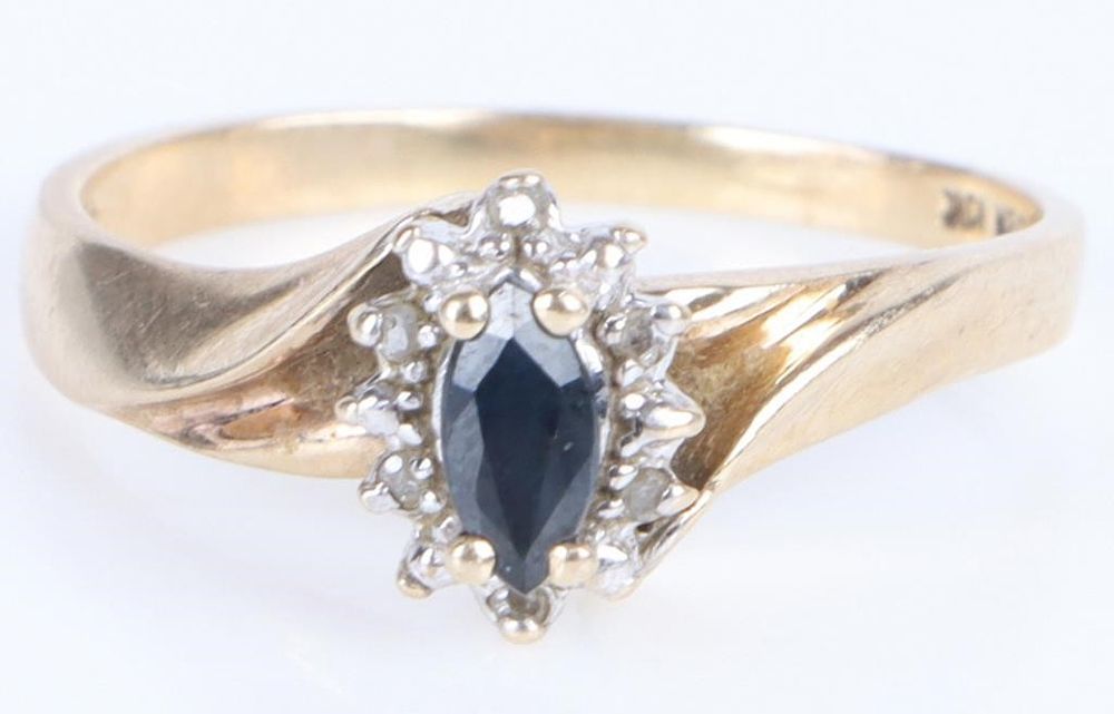 Lot 202210: 10K  GOLD MARQUISE CUT SAPPHIRE & DIAMOND RING