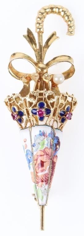 Lot 202214: ANTIQUE 18K YELLOW GOLD UMBRELLA LADIES BROOCH