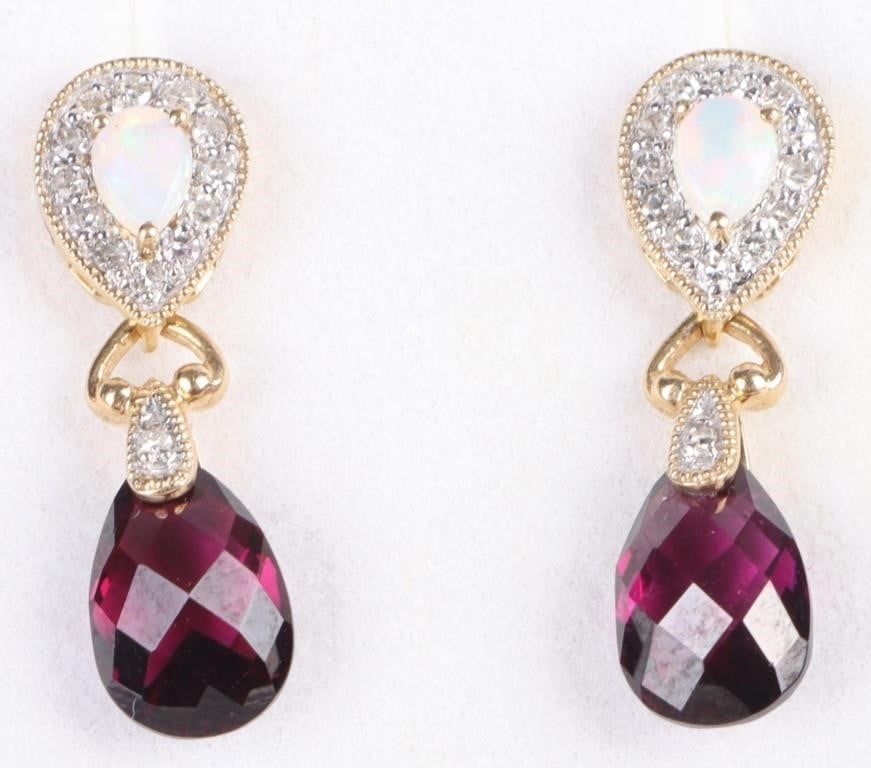 Lot 202253: 14K GOLD DIAMOND, OPAL & GARNET DANGLE EARRINGS