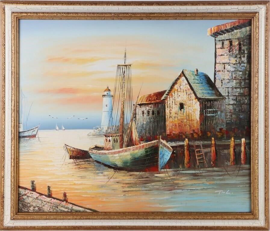 Lot 203452: TIM L. OIL ON CANVAS HARBOR LANDSCAPE FRAMED
