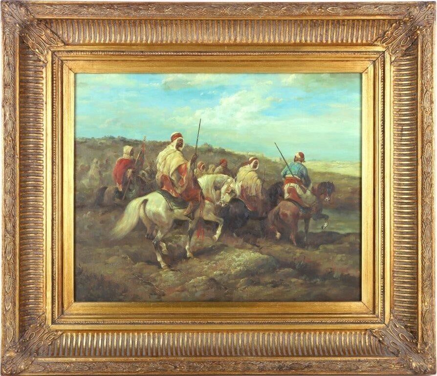 Lot 203454: MIDDLE EASTERN HORSEMEN OIL ON BOARD FRAMED