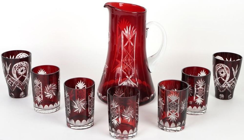 Lot 203505: ANTIQUE BOHEMIAN CZECH RUBY RED GLASS PITCHER SET