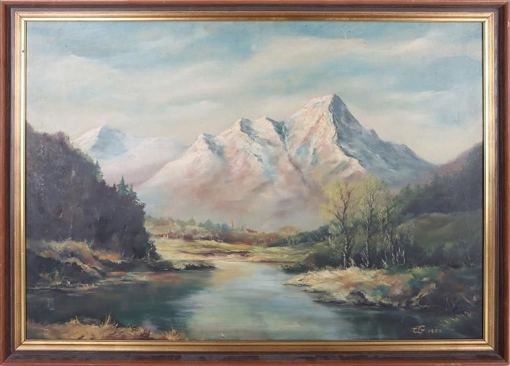 Lot 204148: OIL ON CANVAS OF ALPINE MOUNTAIN LANDSCAPE FRAMED