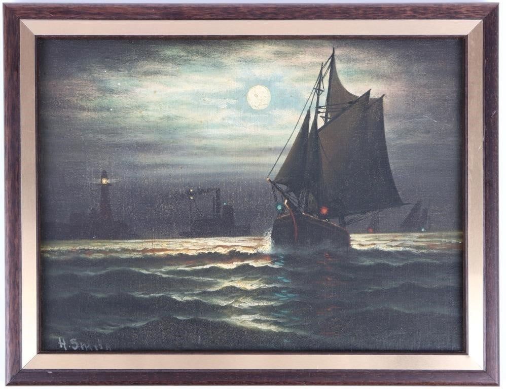 Lot 204150: H. SMITH OIL ON BOARD DEPICTING A SHIP AT NIGHT