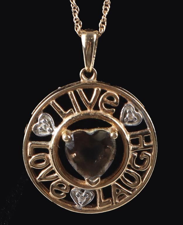 Lot 204355: 10K YELLOW GOLD CITRINE LIVE LAUGH LOVE NECKLACE