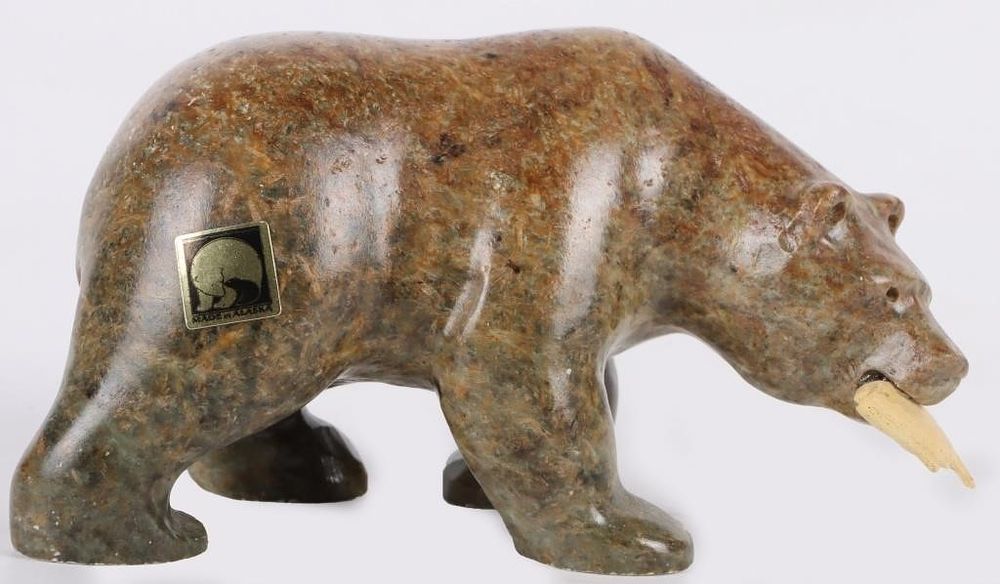 Lot 208426: ALASKAN SOAPSTONE CARVING BEAR WITH FISH WALKING