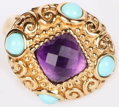14K YELLOW GOLD AMETHYST TURQUOISE RING. 14k yellow gold amethyst and turquoise ladies