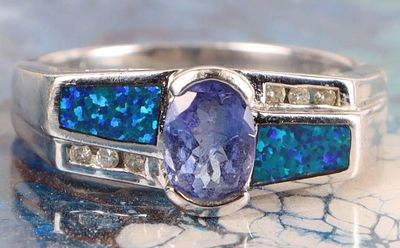 14K WHITE GOLD TANZANITE OPAL DIAMOND LADIES RING. 14K white gold tanzanite opal inlay diamond