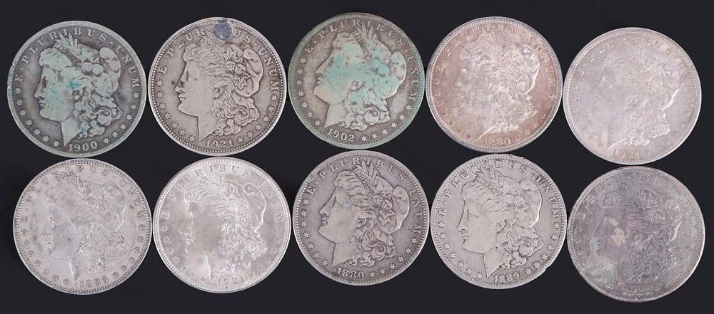 Lot 209239: THIRTEEN ASSORTED 90% MORGAN SILVER DOLLARS