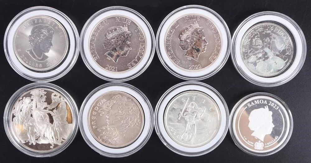 Lot 209249: TEN ASSORTED FINE SILVER 1 OZ BULLION COINAGE