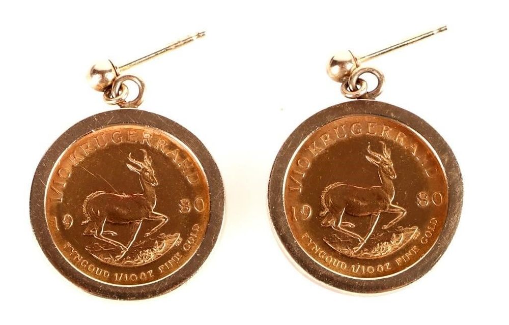 Lot 209354: 14K 1/10 GOLD  KRUGERRAND  DANGLE EARRINGS