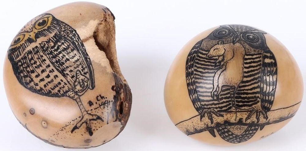 Lot 209415: A. CHEUCARACAMA CARVED TAGUA NUTS W/ OWLS